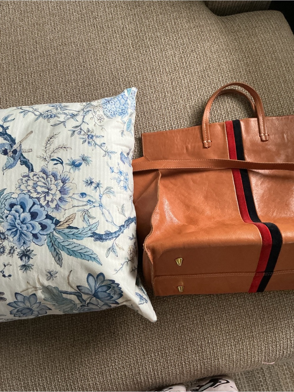 Clare V Tan Leather Tote with Red and Brown Stripe - Picture 11 of 12